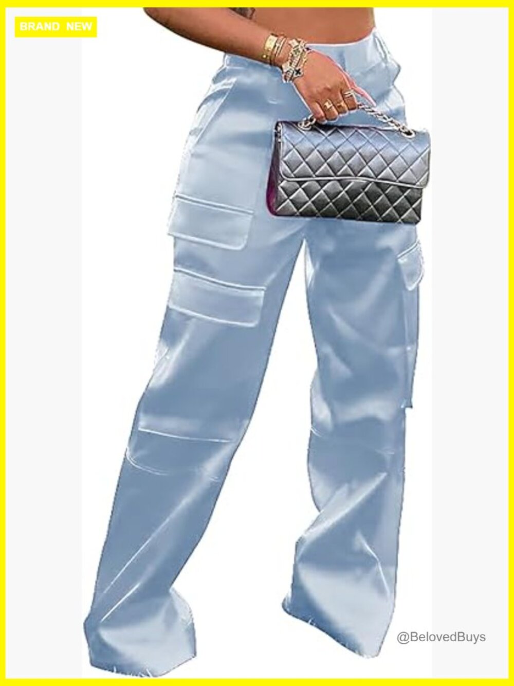 Satin Cargo Pants High Waisted Wide Leg Multiple Pockets
